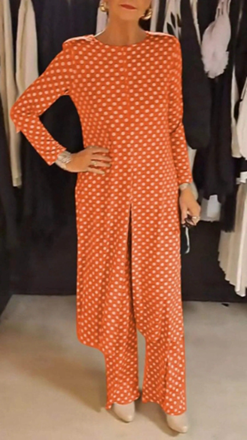 Summer Polka Dot Split Hem Top and Pants Set Slim Fit Round Neck Fashionable Versatile Perfect for Casual Outings