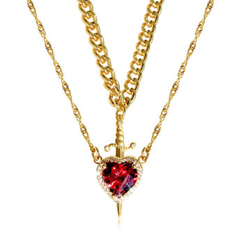 Amazon Cross Border 18k Vacuum Gold Stainless Steel Valentine's Day Red Crystal Love Dagger Pendant Layered Necklace