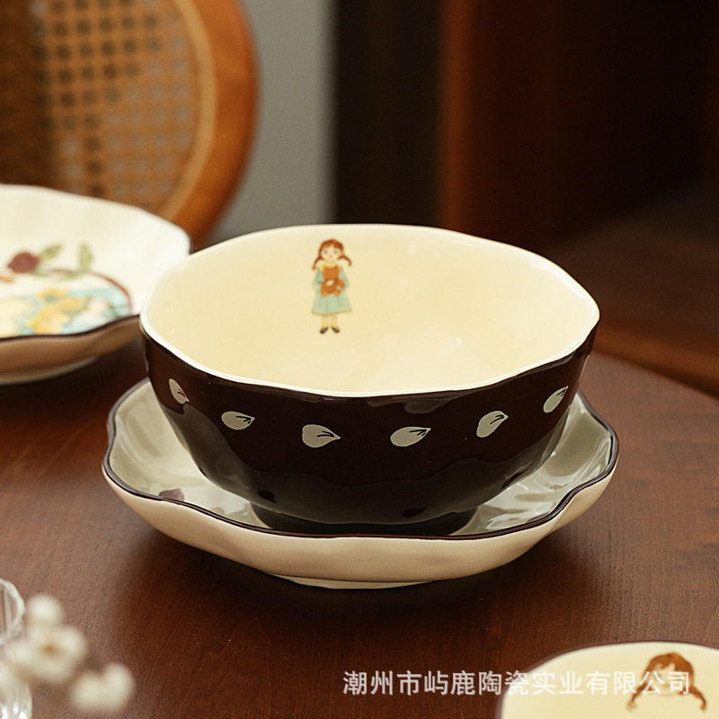 Tulip Girl Tableware Set Household Ceramic Bowls, Chopsticks and Plates Birthday Gifts for Women Souvenirs for Moving into a New Home Gifts