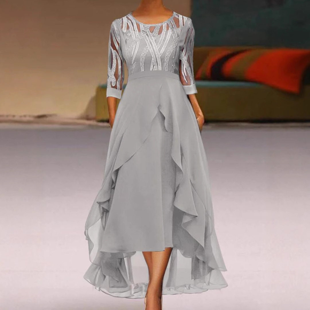Chiffon Midi Dress with Lace Inserts and Round Neckline for Fall Winter Events Available in Gray and Blue Wholesale