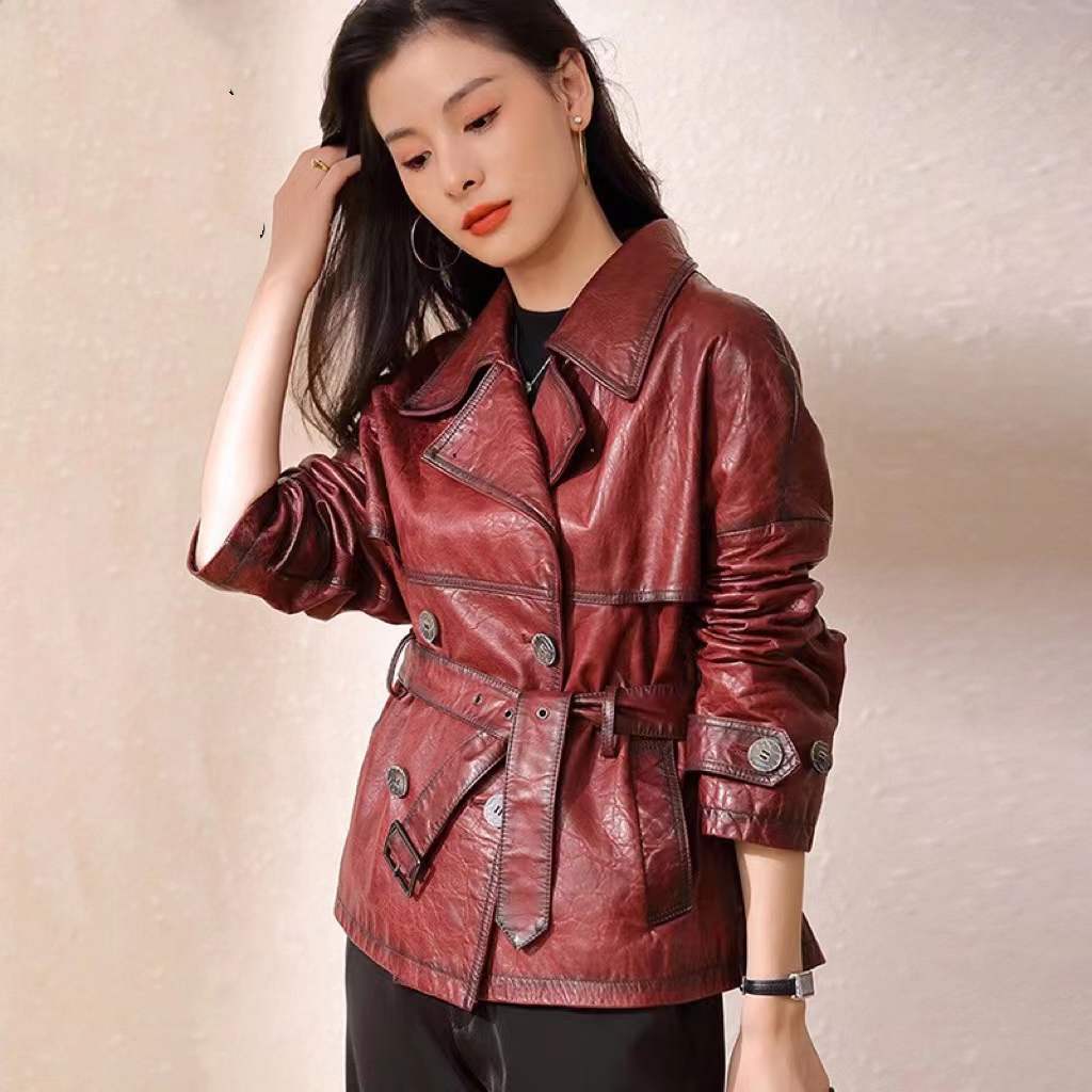 Áo khoác da bò nữ dáng ngắn cổ vest phong cách thanh lịch — Màu đỏ rượu