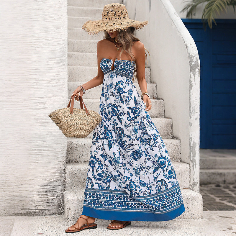 Bohemian Strapless Geometric Print Dress Vintage Style Sleeveless Lightweight Fabric Perfect for Summer Vacations