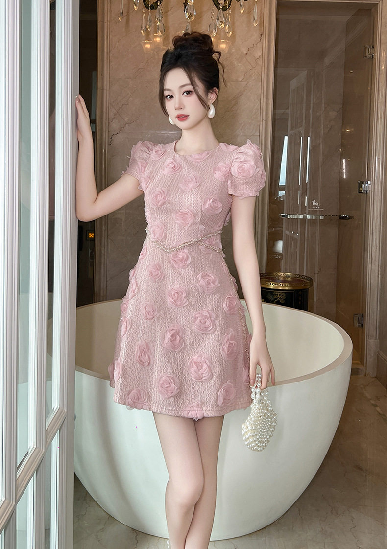 Đầm suông nữ midi tay ngắn cổ tròn eo cao dáng chữ A phong cách Pháp — [Hồng] chi tiết 6