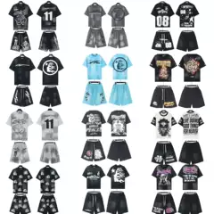 2025SS US Fashion New Hell Star Hell High Street Printed Casual Loose Couples Short Sleeve Shorts suit