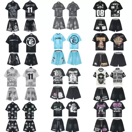 2025SS US Fashion New Hell Star Hell High Street Printed Casual Loose Couples Short Sleeve Shorts suit