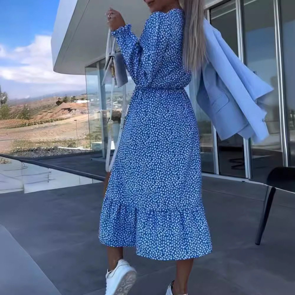 Floral Print Long Sleeve V Neck Patchwork Dress Summer Collection Casual Wear for Women OEM Available