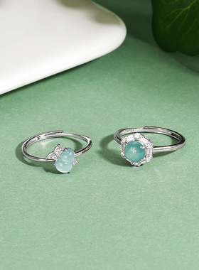 翡翠戒指女S925纯银新中式国风小众玉石开口戒精致百搭设计感