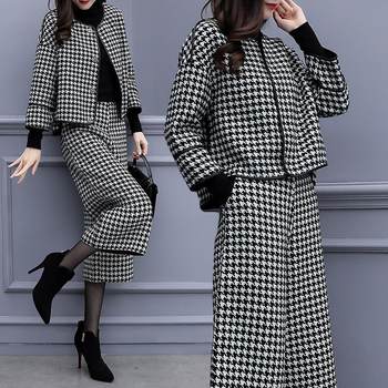 Houndstooth Woolen Outwear + Wide-Leg Pants Casual Fashion Suit 2025 New Women's Spring Two-Piece Set Women's Trendy