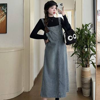 Maternity Wear Autumn 2025 New Dress Plus Size Autumn and Winter Tops Denim Suspender Skirt Two-Piece Fashion Suit