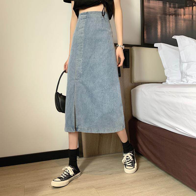 Vintage High Waisted A Line Denim Midi Skirt Slim Fit Side Slit Versatile Style Spring Summer Fashion Wholesale