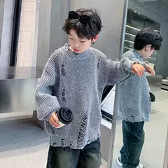 Trendy Boys' Ripped Sweater Autumn and Winter New 2025 Korean Style Children's Knitwear for Older Kids Outerwear