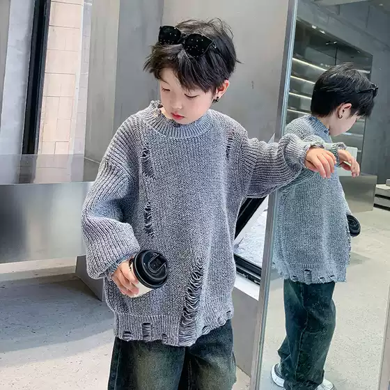 Trendy Boys' Ripped Sweater Autumn and Winter New 2025 Korean Style Children's Knitwear for Older Kids Outerwear