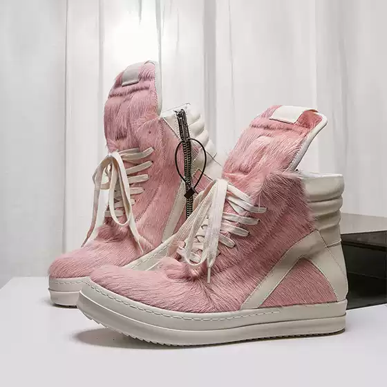 Guangzhou European and American Men's Large Size Casual Fashion Horse Hair High Top Pink Thick Bottom Round Toe Mid-Top Triangle Whiteboard Shoes