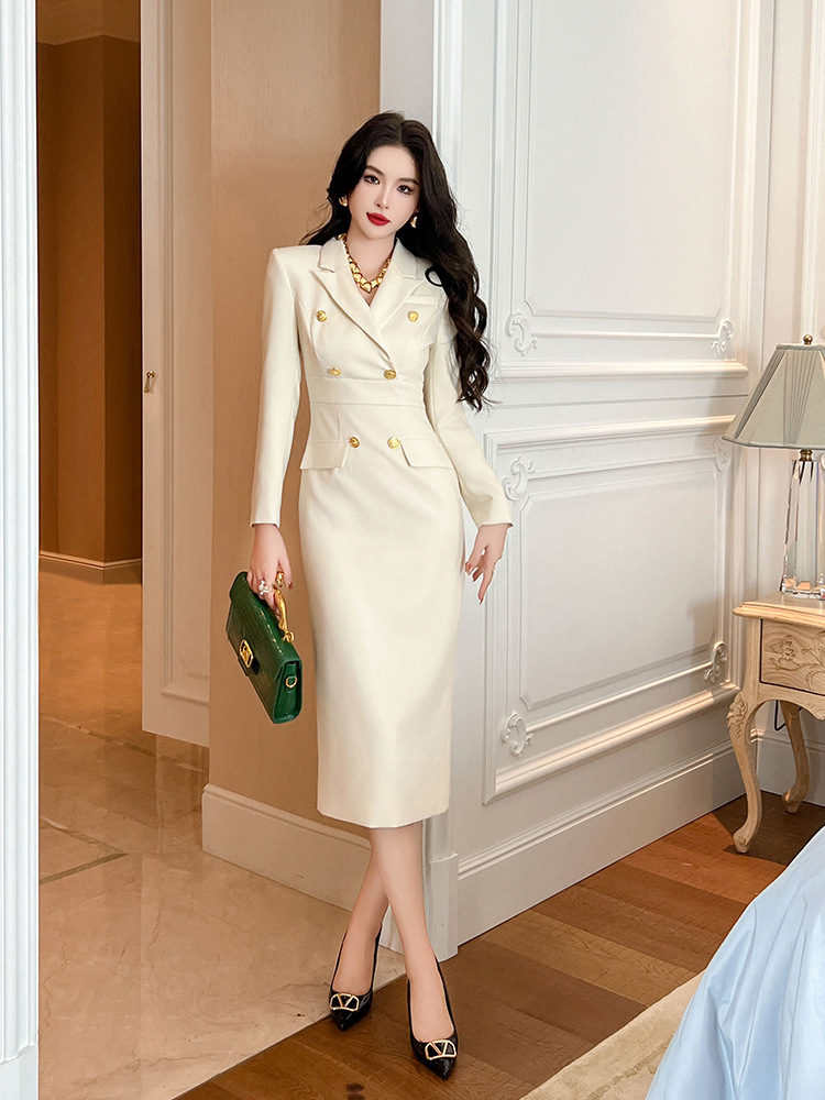 Đầm ôm body nữ cổ vest hai hàng cúc dáng dài thanh lịch — Màu đen, Màu be nhạt