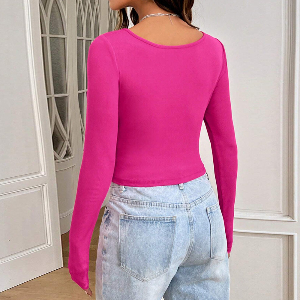 Womens Slim Fit Long Sleeve T Shirt Fashionable Versatile Short Length Barbie Pink Spring Summer Collection