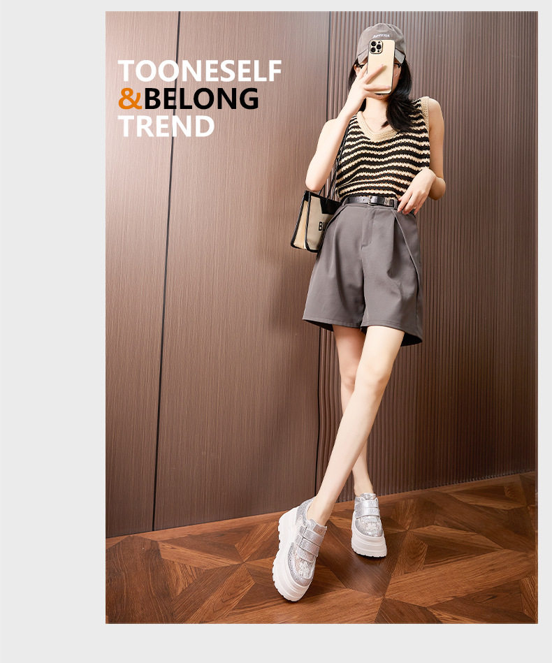 Giày sneaker nữ chunky đế dày trắng platform rhinestone đa năng — Trắng, Bạc, Đen chi tiết 14