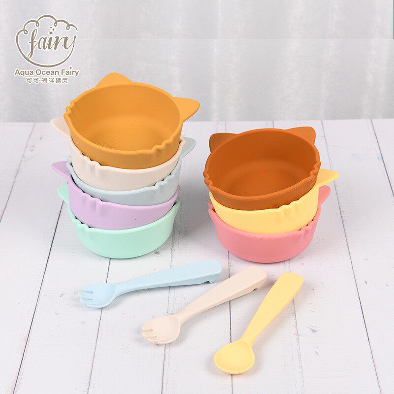 Silicone bowl spoon meal feeding cat bowl suction cup children's bowl baby complementary food fork spoon suit silicone suction cup bowl