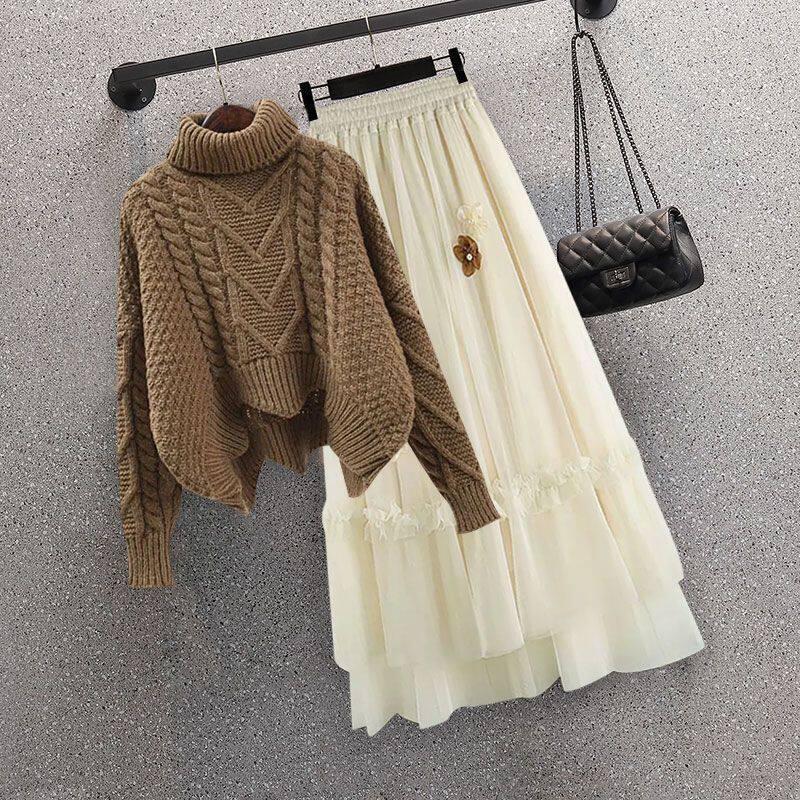 Z2024 Autumn and Winter New Korean-style Retro Slimming Knitted Sweater Women's Styky Age-reducing High Waist Skirt Two-piece Set