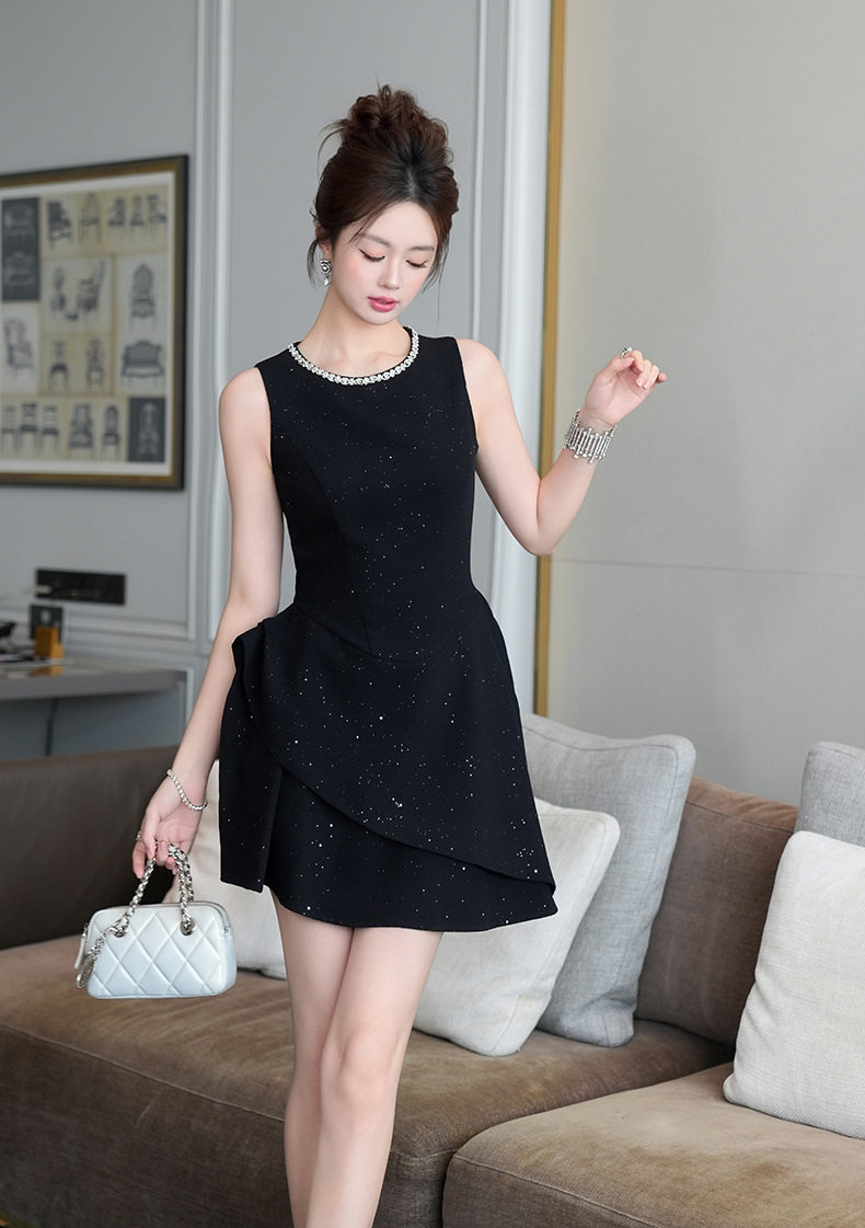 Đầm suông nữ midi cổ tròn không tay, eo cao, chữ A, phong cách Pháp — [Đen] chi tiết 1