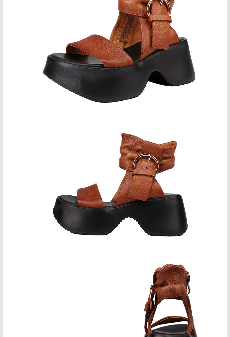 Sandal nữ mũi hở đế dày da bò thật phong cách cổ điển — màu đen, Màu nâu