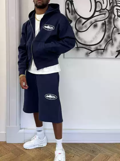 Heavyweight High-Density Corteiz European and American Street Fashion Brand Printed Loose Zipper Hoodie Sweatshirt and Shorts Set