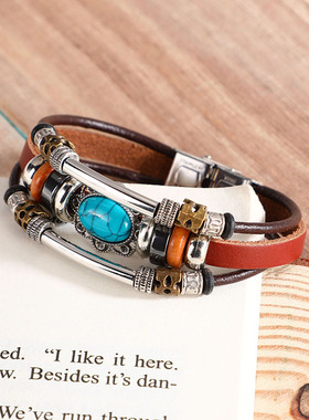 时尚创意士手链 波西米亚风绿松石合金手串小众设计感复古链子