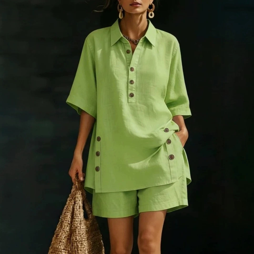 Womens Two Piece Set Short Sleeve Button Up Shirt Loose Fit Pants Solid Color Spring Summer Casual Wear Wholesale
