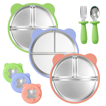 Factory Wholesale Cross-Border Children's Tableware Detachable and Divided Anti-Drop Silicone Suction Cup 304 Stainless Steel Divided Plate