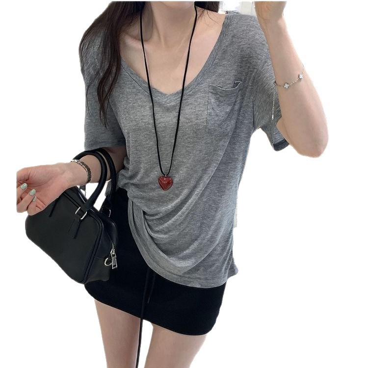 V Neck Tencel Blouse Soft Loose Fit Short Sleeve Pocket Design Summer Casual Wear Wholesale Available