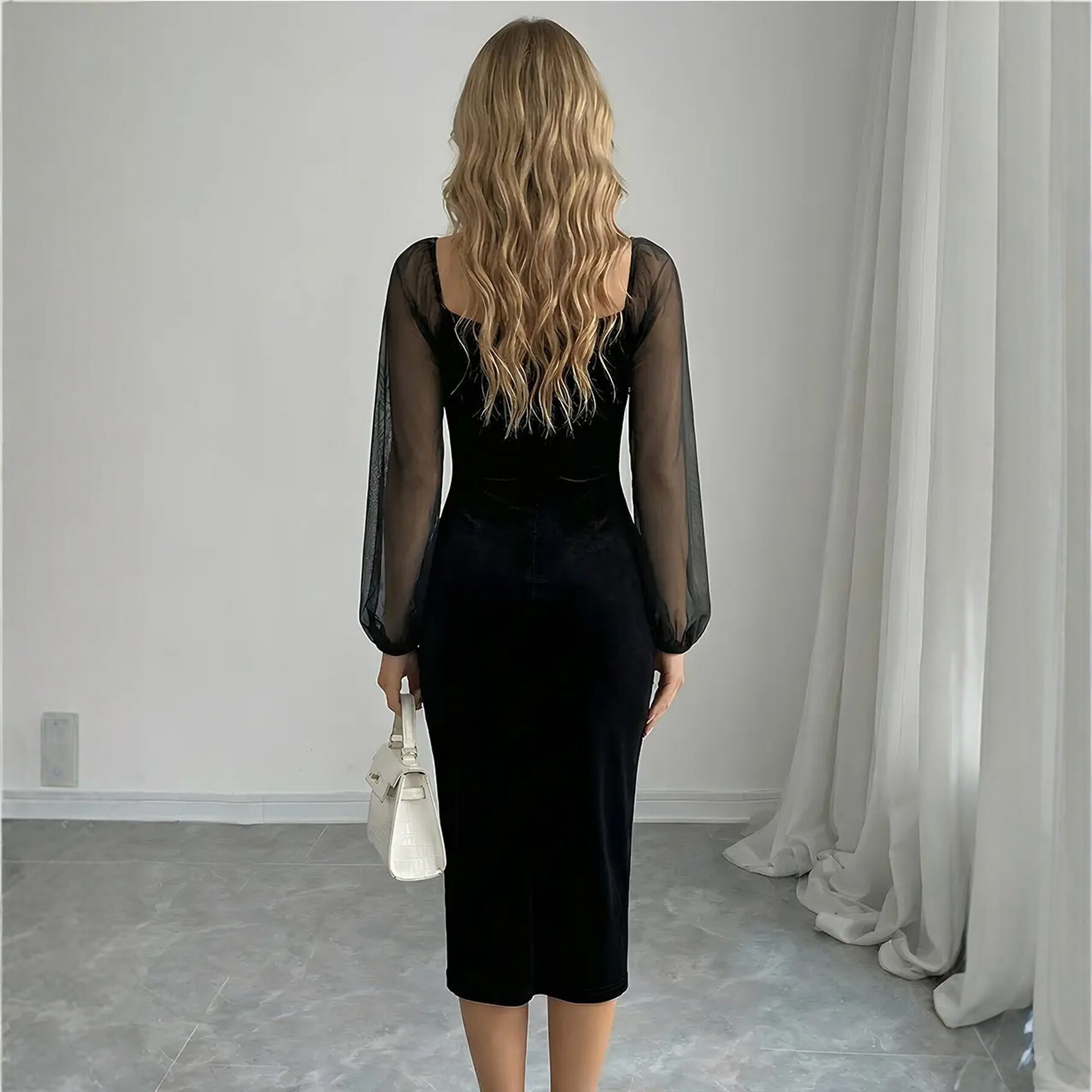 Velvet Long Sleeve Dress for Women Square Neck Lantern Sleeves Slim Fit Mid Length Elegant Evening Wear Wholesale