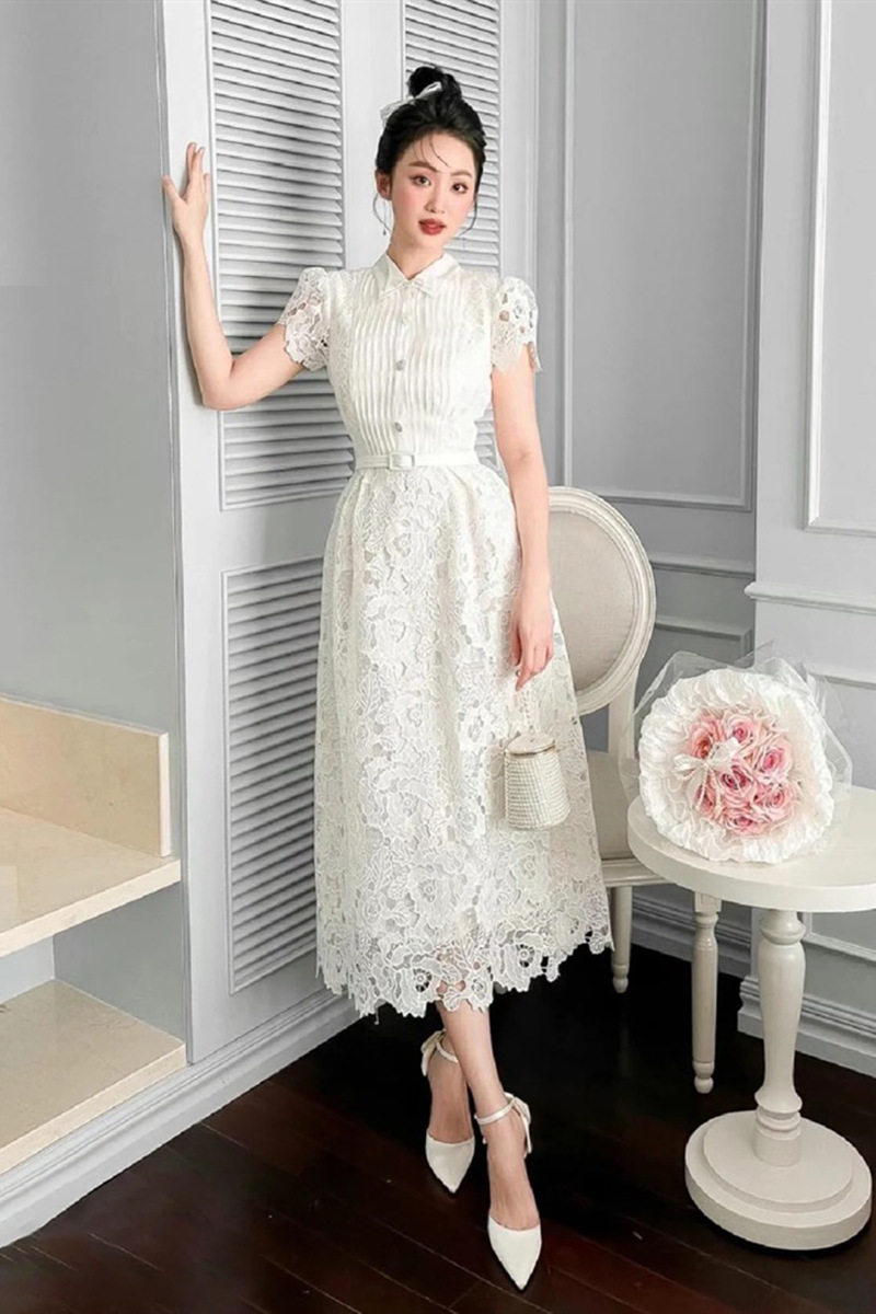 Đầm maxi nữ ren trắng thắt eo cổ polo tay ngắn — Trắng chi tiết 5