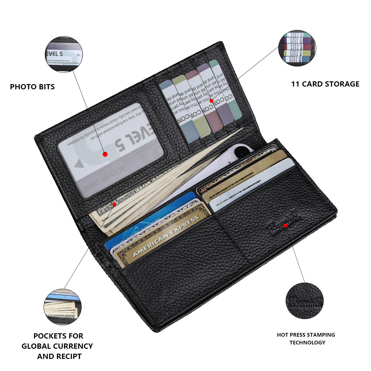 Power Factory Genuine Leather Men's Hand Long Wallet Multi-Card Credit Card Bag Top Layer Cowhide Men's Wallet