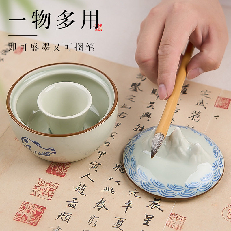 Hot Pot Inkstone Ceramic Multifunctional Ink Ink Pool Pen Holder Study Room Four Treasures Palette Ink Cartridge with Cover to Keep Moist and Not Dry