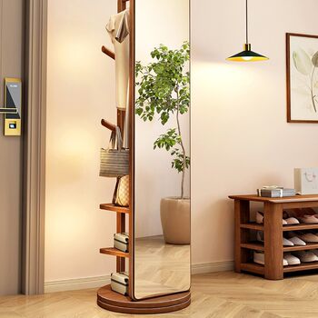 Solid Wood Full-Length Mirror Floor-Standing Home Dressing Mirror Bedroom Rotatable Mobile Fitting Mirror with Clothes Hanger Integrated Mirror