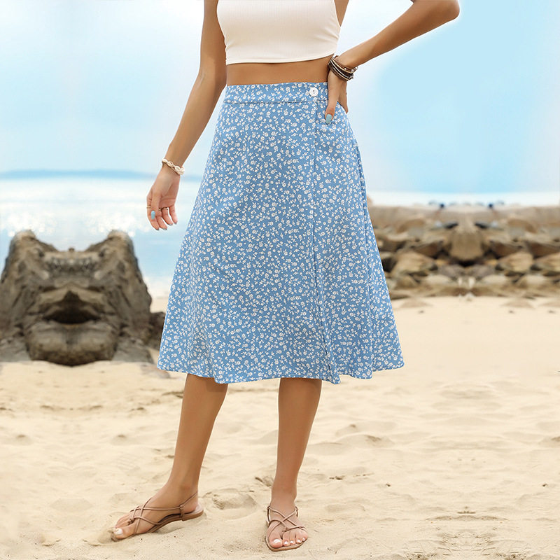 High Waisted Floral Split Skirt Summer Style Blue Color Comfortable Fabric Perfect for Casual Outings Wholesale