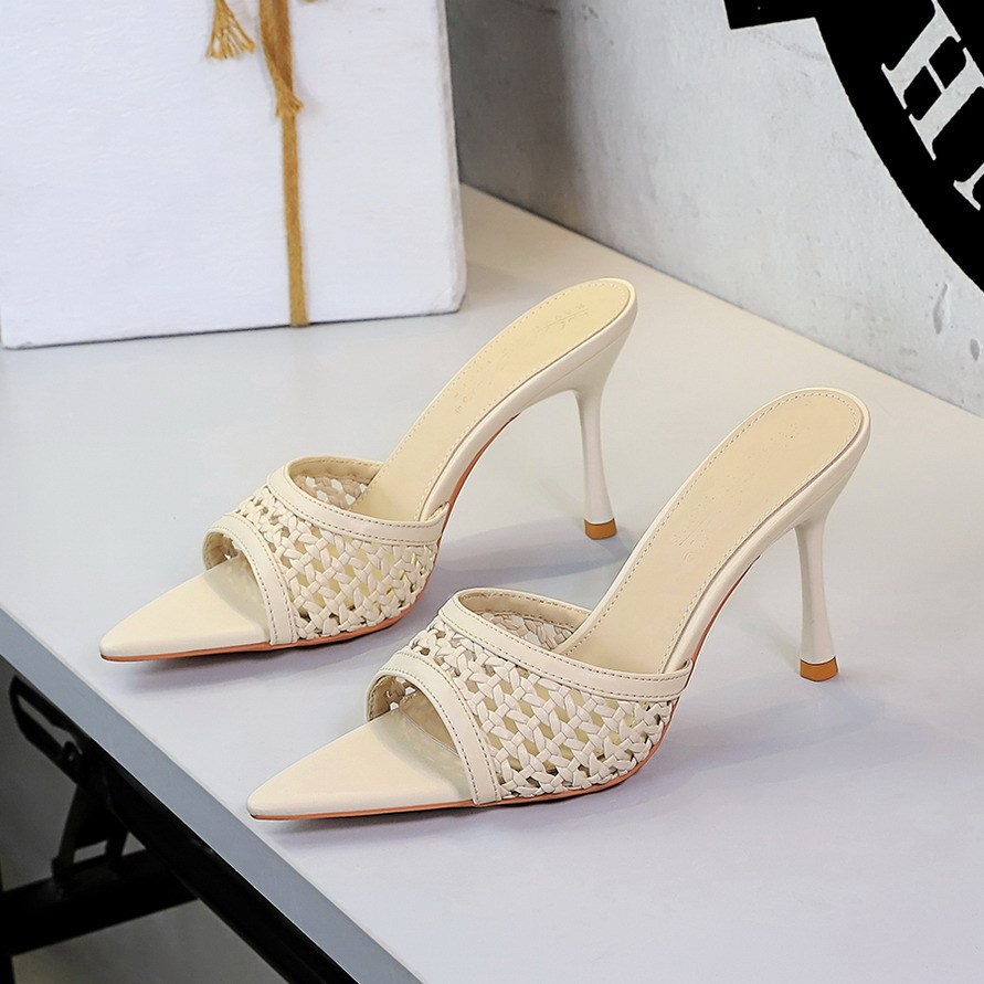 Sandal cao gót nữ mũi nhọn hở ngón quai dệt phối đồ thời trang — Màu bạc, Màu be, màu đen, Màu trắng