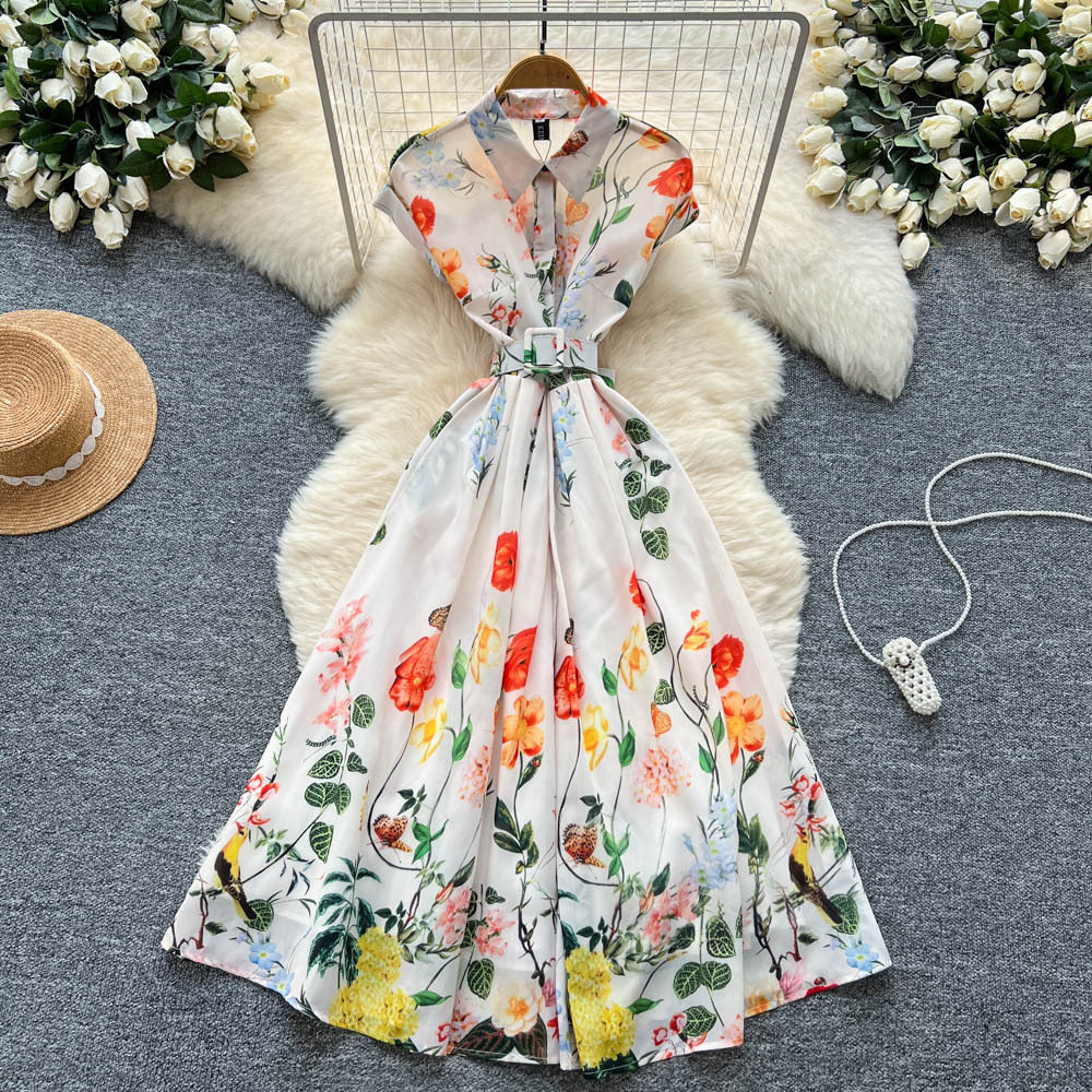 French Style Short Sleeve Polo Dress Waist Defining Flattering A Line Floral Print Summer Elegance for Casual