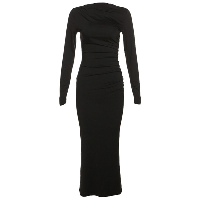 Womens Spring Dress Fashionable Solid Color Long Sleeve Slim Fit Round Neck Perfect for Casual or Formal Occasions