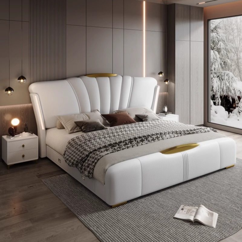 Italian Accessible Luxury Leather Bed with Light Multi-Functional Storage 2m Large Bed Master Bedroom 1.8m Double Bed Modern Simple Wedding Bed
