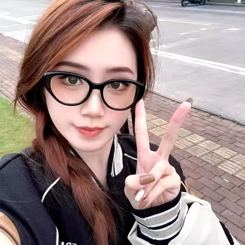 Hot Girl Fashionable Cat's Eye Black Frame Myopia Glasses Women's Anti-Blue Light Flat Glasses