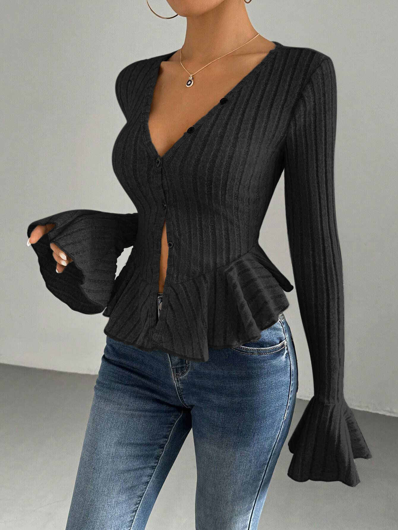 Elegant Womens T Shirt V Neck Ruffle Hem Slim Fit Spring Summer Fashion Wholesale Available