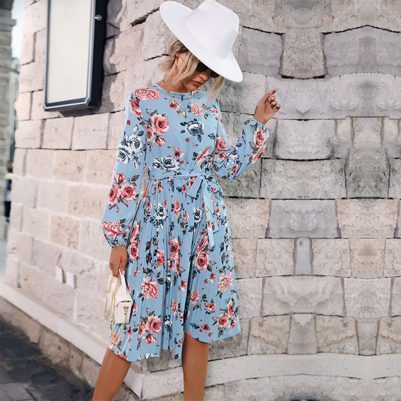 Floral Print Long Sleeve Dress Blue Pleated Round Neck Autumn Winter Fashion Wholesale Available