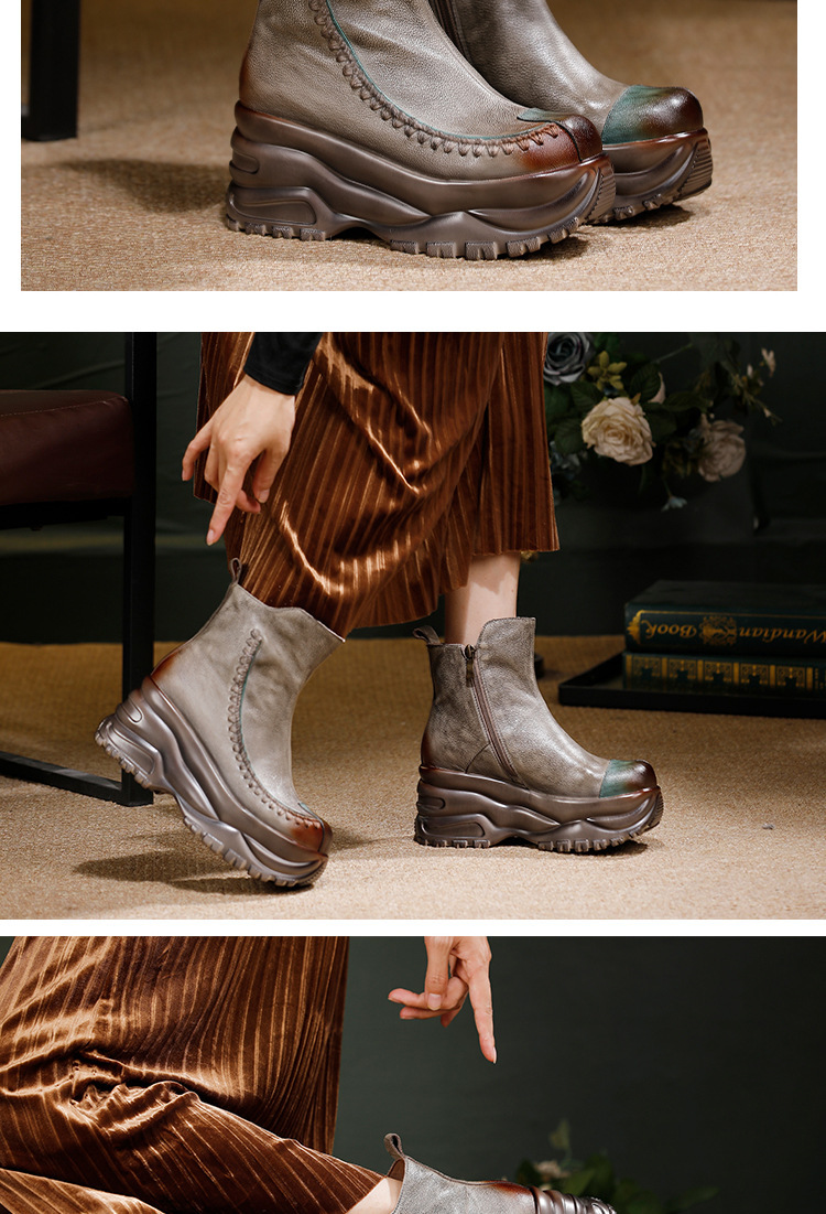Boot nữ cổ thấp da bò thật đế dày tăng chiều cao, khóa kéo bên hông — màu xám