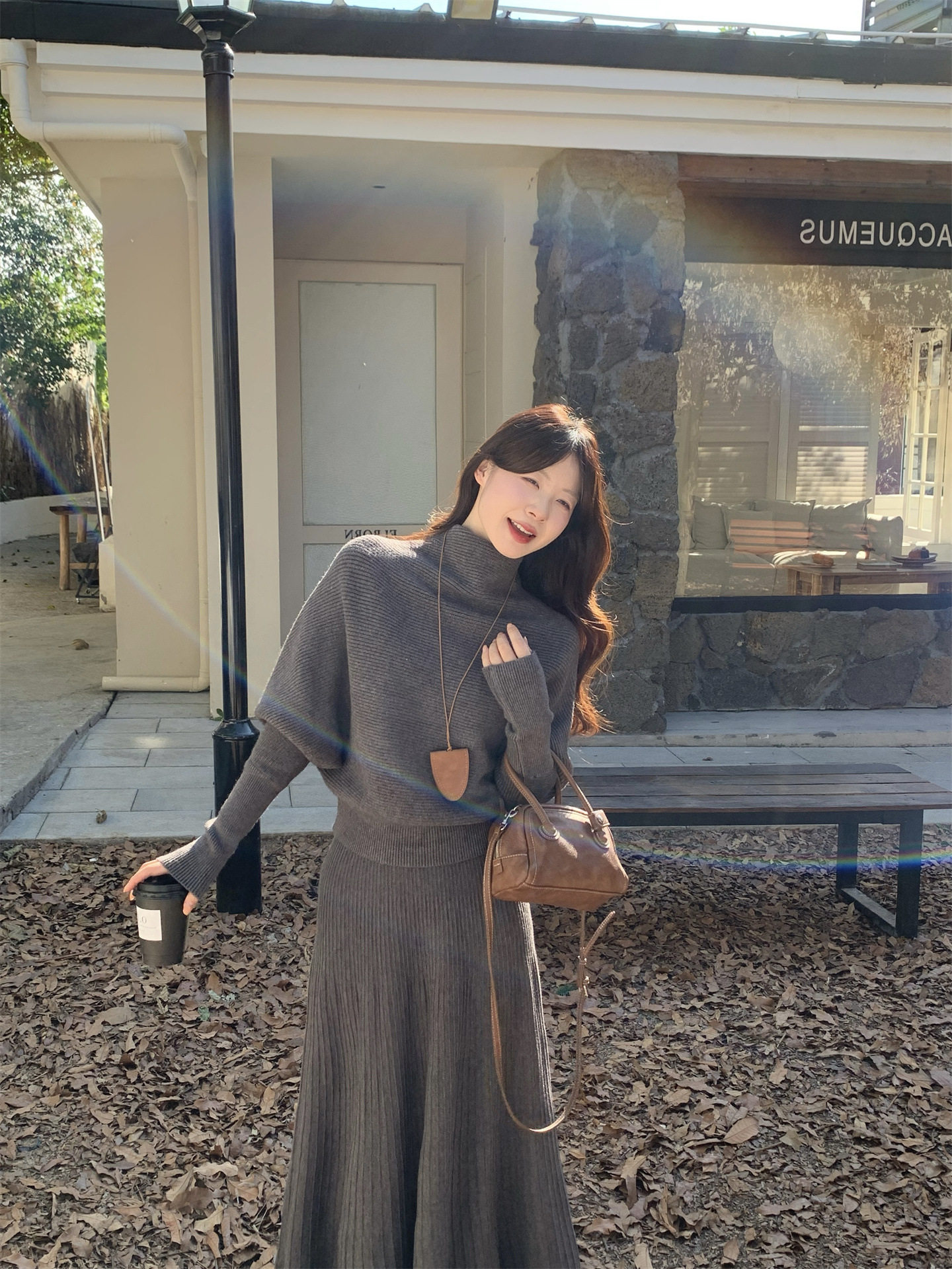 Gentle Apricot-Colored Stacked Collar Knit Top Women's Winter Slimming Flared Skirt Half Skirt Elegant Two-Piece Set