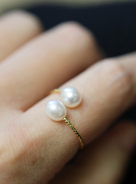纯天然淡水珍珠戒指女法式优雅珍珠开口活口食指轻奢指环不掉色