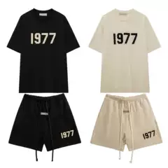 Cross-border foreign trade summer short-sleeved shorts suit 1977 flocking printed casual men and women all-match loose version 2-piece set