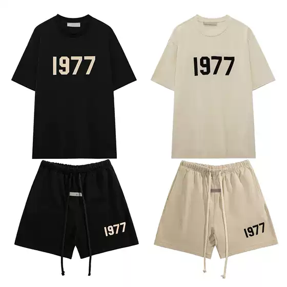 Cross-border foreign trade summer short-sleeved shorts suit 1977 flocking printed casual men and women all-match loose version 2-piece set