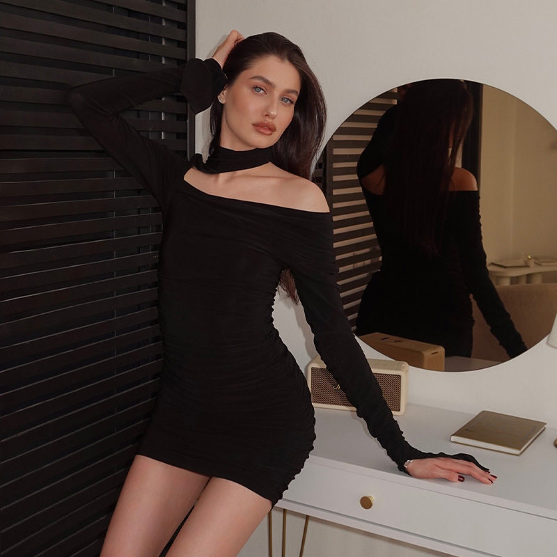 Off Shoulder Bodycon Dress Solid Color Long Sleeve Stylish Design Evening Wear or Party Dress Wholesale Available