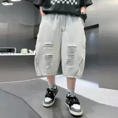 Boys' Denim Shorts Summer Thin Ripped Design Trendy Loose Casual 5-Pocket Shorts for Teens