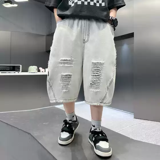 Boys' Denim Shorts Summer Thin Ripped Design Trendy Loose Casual 5-Pocket Shorts for Teens